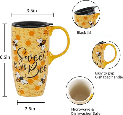 Topadorn Ceramic Travel Mug with Lid and Handle for Men Women Office Work, Microwave & Dishwasher Safe,17Oz, 6.5" H Tall Tea Cup in Color Box, Bee