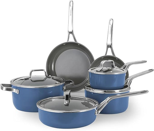 10-Piece Nonstick Ceramic Cookware Set, Non-Toxic Ceramic Coated Aluminum Pots and Pans with Lids, PFAS & PFOA &PTFE Free, Induction Compatible, Healthy Essential Kitchen Set -（Blue)