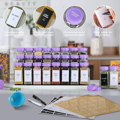 36 Glass Spice Jars with Labels, Spice Jar Set, 4oz Spice Containers, Seasoning Containers with Purple Airtight Lids and Shaker Lids, Square Empty Spice Bottles, 492 Labels, 1 Funnel - Image 3