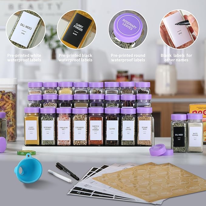 24 Glass Spice Jars with Labels, Spice Jar Set, 4oz Spice Containers, Seasoning Containers with Purple Airtight Lids and Shaker Lids, Square Empty Spice Bottles, 492 Labels, 1 Funnel - Image 3