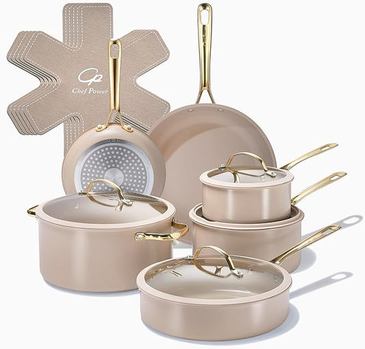 Chef Power Ceramic Cookware Sets, 15Pcs Pots and Pans Set Non Stick, Cookware Set with Stainless Steel Handle, Dishwasher & Oven Safe, Taupe and Light Gold Handle by ChefPower