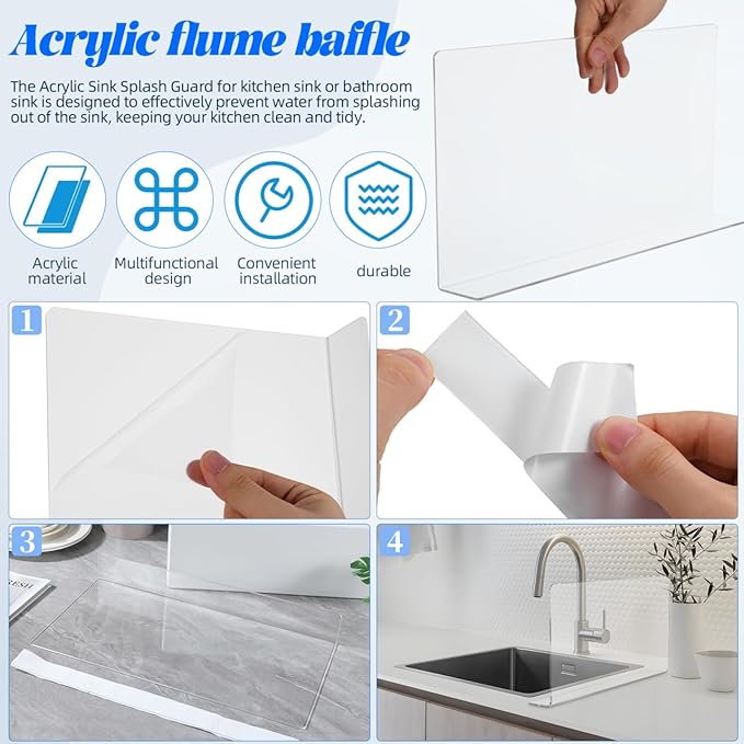 PRETYZOOM Acrylic Sink Water Splash Guard, 15.7x8 Inches Sink Splash Guards Splatter Panel, Kitchen Protective Splatter Barrier, Universal Fit