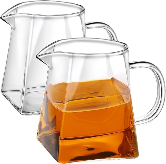 Leinuosen 2 Pcs Glass Pitcher Elegant Shaped Glass Tea Pitcher Coffee Milk Creamer Pitchers Creative Milk Frothing Pitchers Frother Cup Creamer Jug(350 ml,Square Style)
