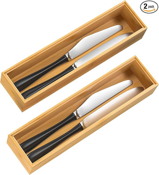 VeyFey Silverware Tray for Drawer, Stackable Kitchen Bamboo Drawer Organizer 12" x 3" x 2" Set of 2 by VeyFey