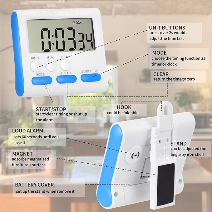 Mudder 3 Pack Digital Kitchen Timer for Cooking, Large Digits, 24 Hour Magnetic Backing Stand Kitchen Timers Clock for Classroom Kids Teachers, Loud Alarm and Large Screen (Blue) - Image 5