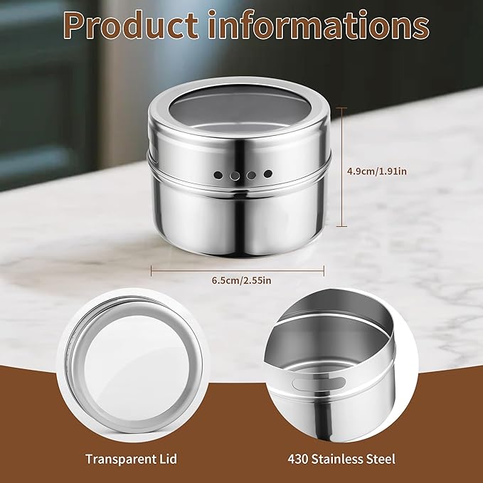 12pcs Stainless Steel Spice Jars, Magnetic Condiment Tins Magnetic Spice Jar With Clear Lid And Holes Sift&Pour - Easy To Clean - Image 3