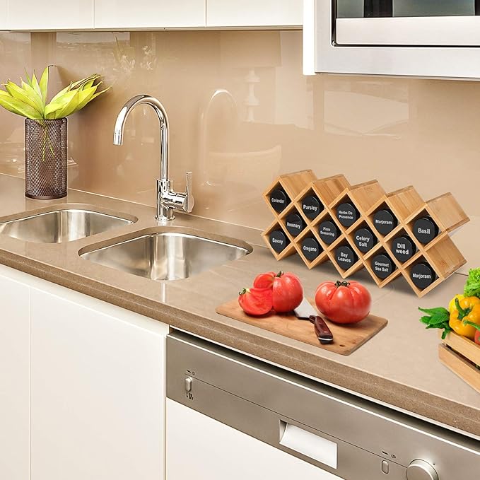 Phyllia Bamboo Spice Rack Organizer 4-Tier Countertop Organiser, Criss-Cross Kitchen cabinet Free-Standing Countertop Storage shelf Fit for Spice Jar, Can, Bottle (Jars Not Include) - Image 6