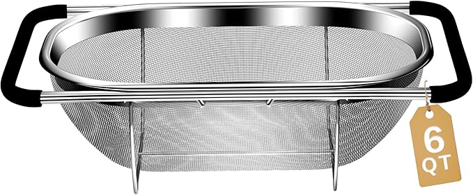 Over the Sink Colander - 6QT Strainers and Colanders - Stainless Steel Strainer - Expandable Sink Colander with Rubber Grip for Strain, Drain, Rinse Fruits, Vegetables, Home Kitchen Essentials by UTTKOJ