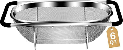 Over the Sink Colander - 6QT Strainers and Colanders - Stainless Steel Strainer - Expandable Sink Colander with Rubber Grip for Strain, Drain, Rinse Fruits, Vegetables, Home Kitchen Essentials by UTTKOJ