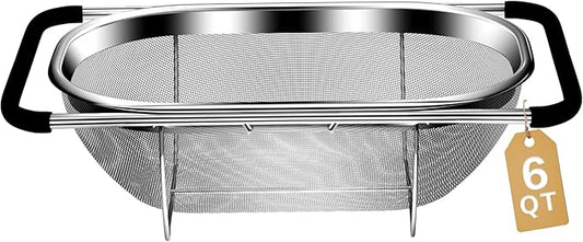 Over the Sink Colander - 6QT Strainers and Colanders - Stainless Steel Strainer - Expandable Sink Colander with Rubber Grip for Strain, Drain, Rinse Fruits, Vegetables, Home Kitchen Essentials by UTTKOJ