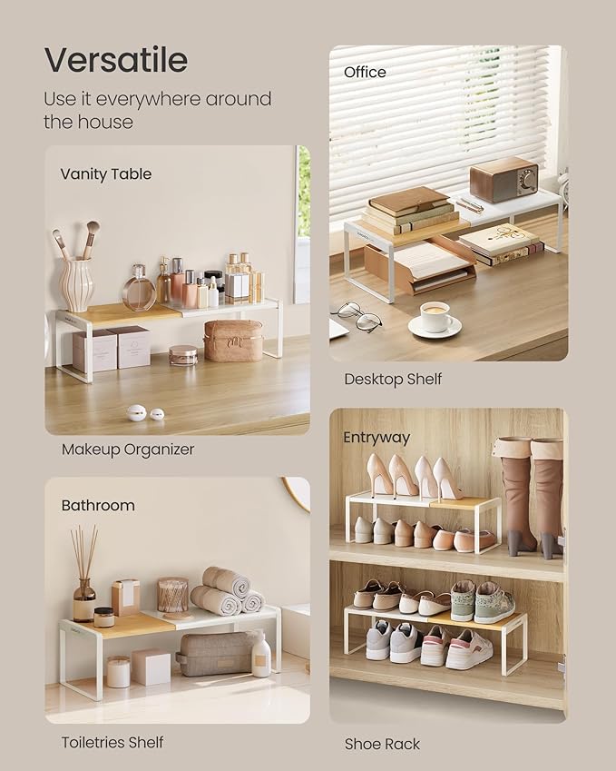 SONGMICS HOME Spice Rack, Expandable Cupboard Shelf Orgnizer, Kitchen Counter Shelf, Bamboo and Metal, Space-Saving Shelving, Stackable, Light Bamboo and Cream White UKCS052W01 - Image 6