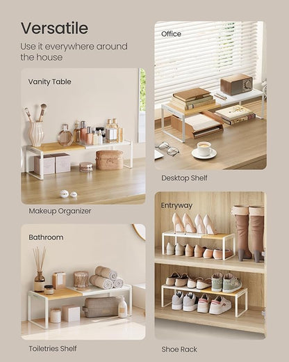 SONGMICS HOME Spice Rack, Expandable Cupboard Shelf Orgnizer, Kitchen Counter Shelf, Bamboo and Metal, Space-Saving Shelving, Stackable, Light Bamboo and Cream White UKCS052W01 - Image 6