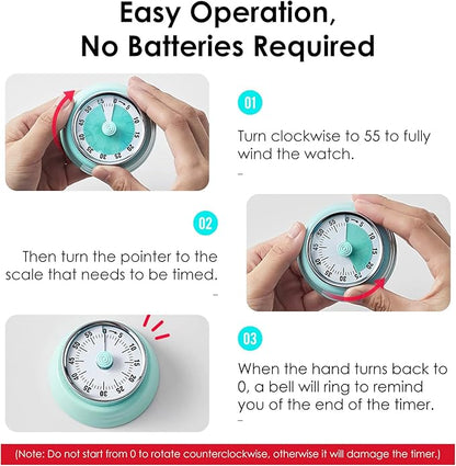 Visual Timer, Teeloray 60-Minute Countdown Timer, Kitchen Timer with Magnetic Base, Mechanical Clockwork, Ringer Alert, Time Management Tool for Children and Adults, Study/Work/Cooking (Mint Green)