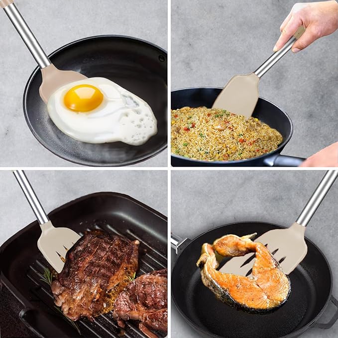 Silicone Spatula and Cooking Spoon,5 Pack Non-Stick Cooking Utensils for Kitchen，Heat Resistant Solid & Slotted Spoons and Spatulas, Stainless Steel Handle Coated with Silicone, Khaki - Image 8