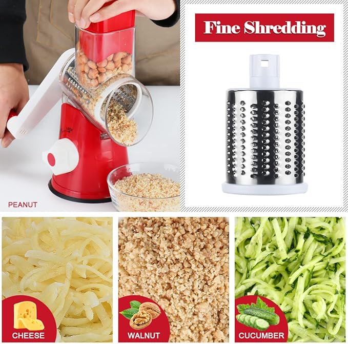 Ourokhome Rotary Cheese Grater Hand Crank, Kitchen Shredder Speed Mandolin Slicer Nut Grinder with Handle and Drum Blades for Cheese, Vegetable, Walnut, Chocolate, Potato, Carrot, 3 Blades, Red - Image 4
