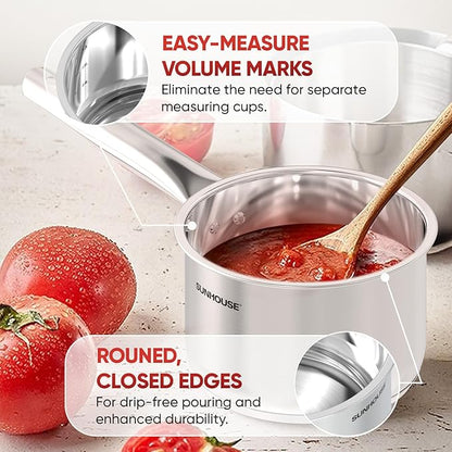 SUNHOUSE – 3 Quarts Stainless Steel Sauce Pan with Lid - PFOA-Free, Stainless Steel Sauce Pan, Advanced Impact Bonding Induction Base, Stay-Cool Handle, Compatible with All Cooktops - Image 6