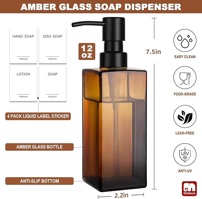GMISUN Amber Glass Soap Dispenser, 2 Pack Hand Soap Dispenser Bathroom, 12 fl oz/350ml Dish Dispenser Set for Kitchen, Glass Liquid Dispenser with Stainless Steel Pump, Brown Soap Dispensers Bottle - Image 2