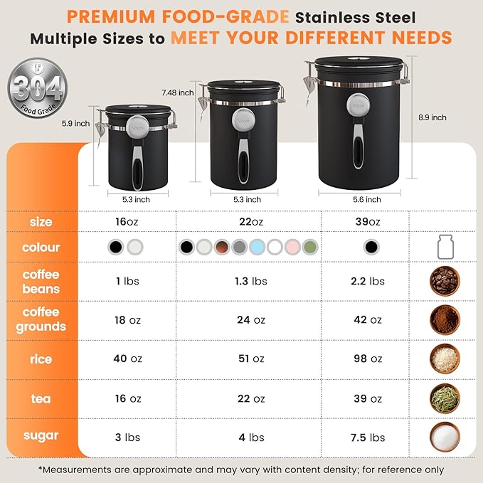 Veken Coffee Canister with Window,Airtight Stainless Steel Pantry Container,Home Kitchen Food Storage Organizers for Ground,Beans,Espresso,Rice,Tea,Sugar,Cereal, Decor,Bar Accessories,Gifts,22OZ,Black - Image 3
