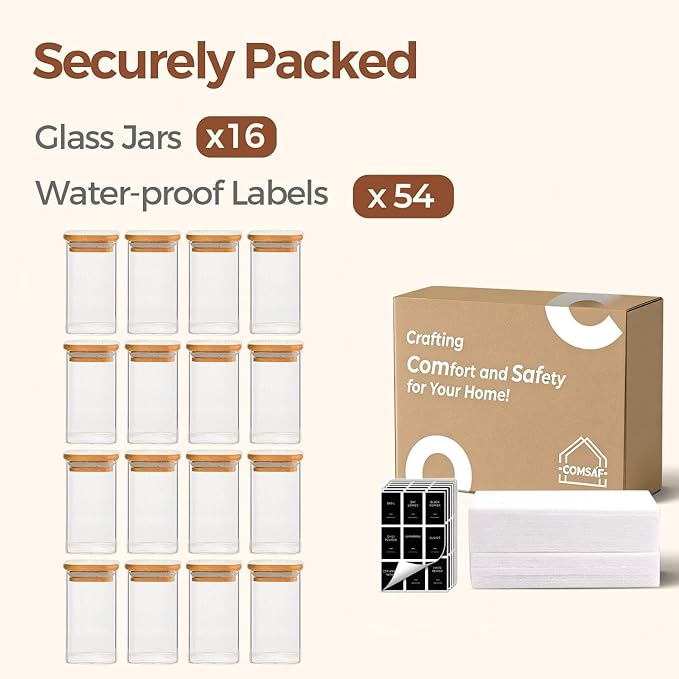 ComSaf Spice Jars with Labels 8 oz 16Pack, Small Spice Containers Starter Set, Glass Seasoning Jars with Lids, Square Seasoning Containers for Salt, Pepper, Chili Powder, Sugar, Loose Tea Storage - Image 8