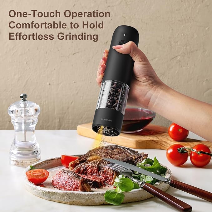 Ultrean Pepper Grinder, Rechargeable Salt and Pepper Grinder with 6 Adjustable Coarseness, LED Light, Automatic Grinder for Kitchen, Home and Kitchen Appliances Birthday Gifts for Women, Black - Image 2