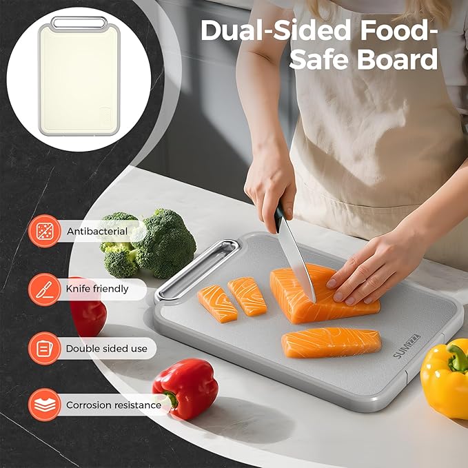 Sumzzz 2-in-1 Stainless Steel Cutting Board, Double-Sided for Raw Meat & Vegetables, Dishwasher Safe, Easy to Clean, Non-Slip Large Chopping Board with Juice Groove, Ideal for Home Kitchen (16”×11”) - Image 5