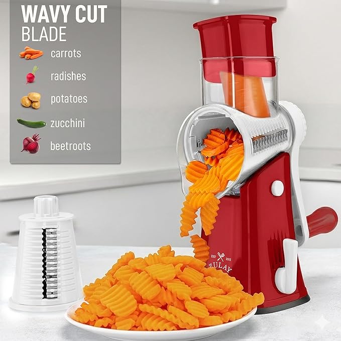 Zulay Kitchen Rotary Cheese Grater 5 Blade Cheese Shredder - Manual Hand Crank Cheese Grater With Reinforced Suction & 5 Interchangeable Drums - Easy to Use, Vegetable Chopper Round Mandoline Slicer - Image 4