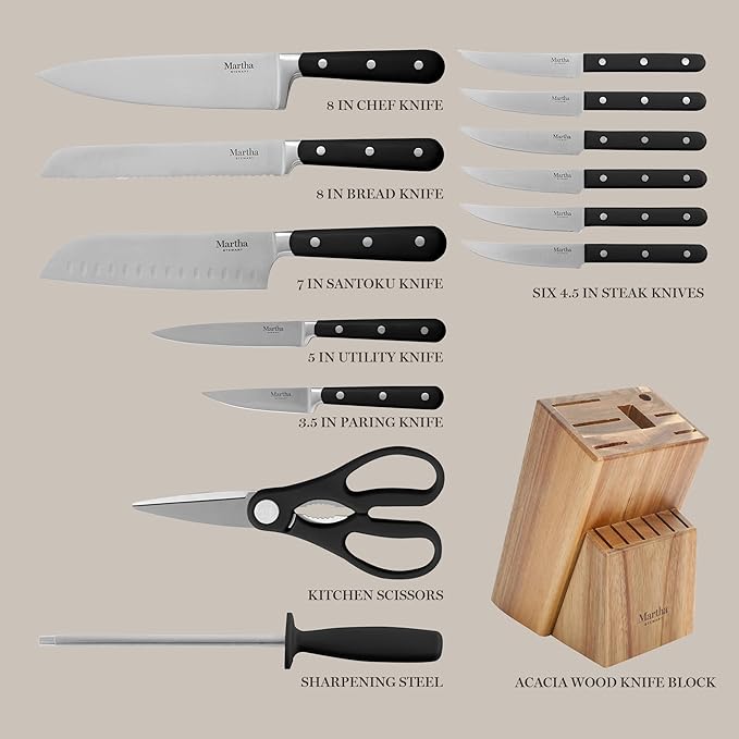 Martha Stewart Eastwalk 14 Piece High Carbon Stainless Steel Cutlery Knife Block Set w/ABS Triple Riveted Forged Handle Acacia Wood Block - Matte Black - Image 3