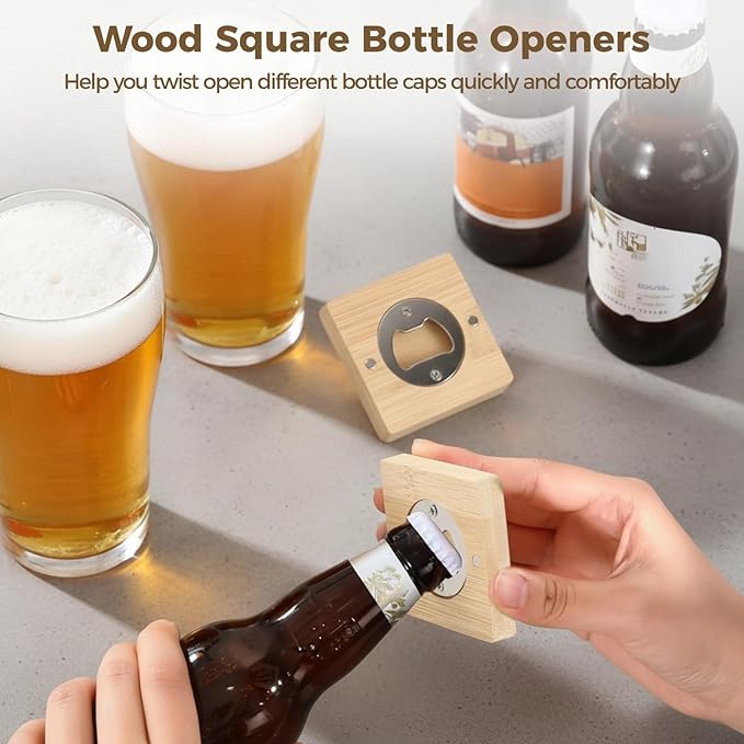 24Pcs Bamboo Bottle Opener,2.6 x 0.5" Wooden Bottle Openers Blanks Bulk,Square Custom Bottle Openers with Blank DIY, Adsorbent Refrigerator Sticker Presents for Parties, Weddings, Bars