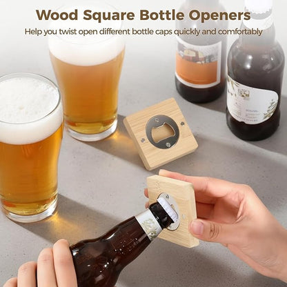 24Pcs Bamboo Bottle Opener,2.6 x 0.5" Wooden Bottle Openers Blanks Bulk,Square Custom Bottle Openers with Blank DIY, Adsorbent Refrigerator Sticker Presents for Parties, Weddings, Bars