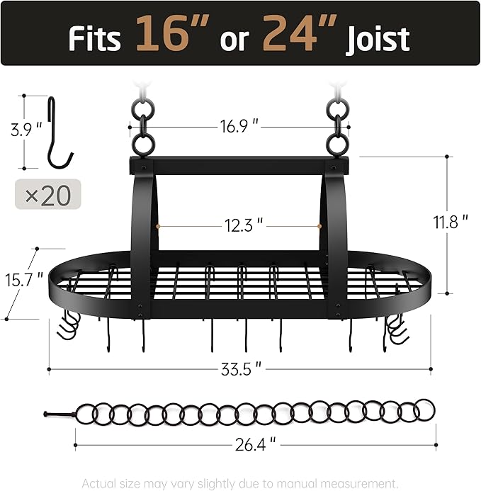 KES Ceiling Pot Rack 34-Inch Hanging Pot Rack for Kitchen Oval Pot and Pan Rack Matte Black Pot Hanger with 20 S Hooks (For 16" and 24" Joist), KUR221S85-BK - Image 8