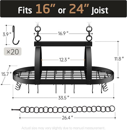 KES Ceiling Pot Rack 34-Inch Hanging Pot Rack for Kitchen Oval Pot and Pan Rack Matte Black Pot Hanger with 20 S Hooks (For 16" and 24" Joist), KUR221S85-BK - Image 8