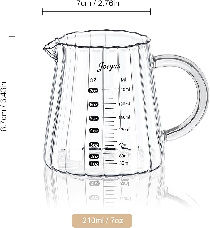 Joeyan 7 oz Glass Measuring Cups with Spout,Borosilicate Large Glass Triple Pitcher with Scale,Origami Style Espresso Shot Glasses with Wood Handle for Coffee Milk - Image 7