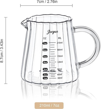 Joeyan 7 oz Glass Measuring Cups with Spout,Borosilicate Large Glass Triple Pitcher with Scale,Origami Style Espresso Shot Glasses with Wood Handle for Coffee Milk - Image 7