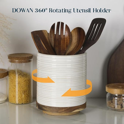 DOWAN 360° Rotating Extra Large Cooking Utensil Holder, 7.6" Kitchen Utensil Holder for Countertop, Utensil Crock for Farmhouse Kitchen Decor, Ceramic Stable Utensil Caddy, Soft White - Image 2