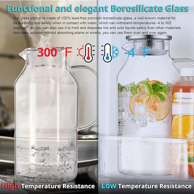 Bivvclaz 2.6 Liter 88 oz Glass Pitcher with Lid and Handle, Glass Water Carafe for Hot/Cold Water, Iced Tea Pitcher, Large Pitcher for Coffee, Juice and Homemade Beverage - Image 5