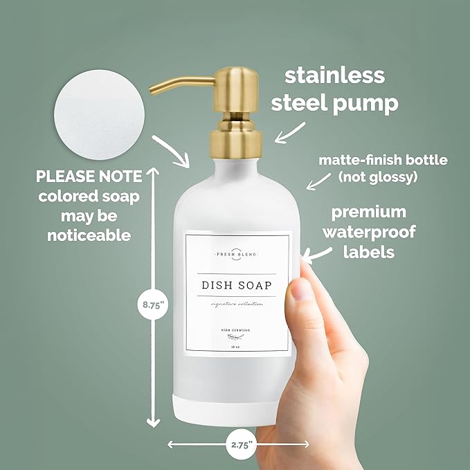 Vine Creations White Glass Soap Dispenser, 2 Pack Kitchen Soap Dispenser Set with Stainless Steel Pump, 16 oz Dish Soap and Hand Soap Dispensers for Bathroom with Waterproof Labels - Image 6