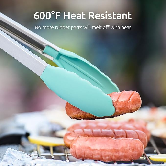 Kitchen Tongs, U-Taste 7/9/12 inches Cooking Tongs, with 600ºF High Heat-Resistant Non-Stick Silicone Tips, 18/8 Stainless Steel Handle, for Food Grill, Salad, BBQ, Frying, Serving, Pack of 3(Teal) - Image 3