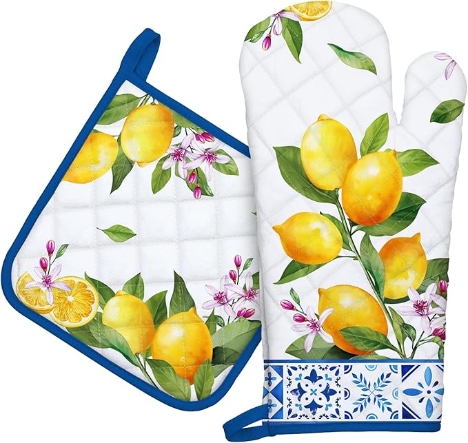 Summer Lemon Oven Mitts and Pot Holders Sets 2Pcs, 100% Cotton Heat Resistant, Extra Long Oven Gloves Potholder for Kitchen Cooking Baking Decoration, Housewarming Gifts for Mom by Arquiel