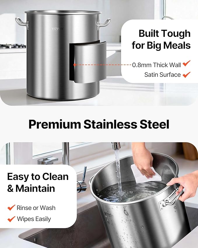 VEVOR Stainless Steel Stockpot, 42 Quart Large Cooking Pots, Cookware Sauce Pot with Strainer, Lid, and Handle, Heavy Duty Commercial Grade Stock Pot, Sanding Treatment, for Large Groups Events Silver - Image 6