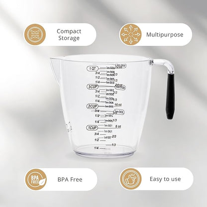 Dalup Measuring Cup Set – Clear Plastic Liquid Measuring Cups (8/16/32 oz) with Spout & Non-Slip Handle | 3-Piece Plastic Measuring Cup Set for Liquids & Dry Ingredients