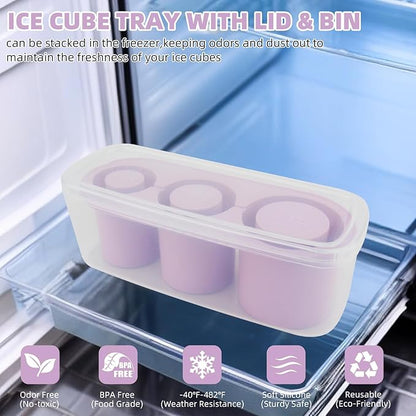 Tcamp Tumbler Ice Mold, Ice Cube Tray for 30 oz -40 oz Tumbler Cup, 3 Pcs Silicone Hollow Cylinder Ice Mold with Lid and Bin for Freezer, Ice Drink, Juice, Whiskey, Cocktail (Purple)