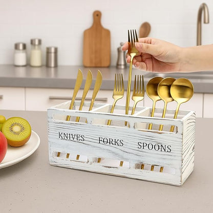 Farmhouse Wooden Utensil Caddy Party Cutlery Silverware Holder Small Wood Utensil Holder for Kitchen Counter Decor Flatware Cutlery Organizer Table Flatware Silverware Caddy Spoon and Fork Organizer - Image 6