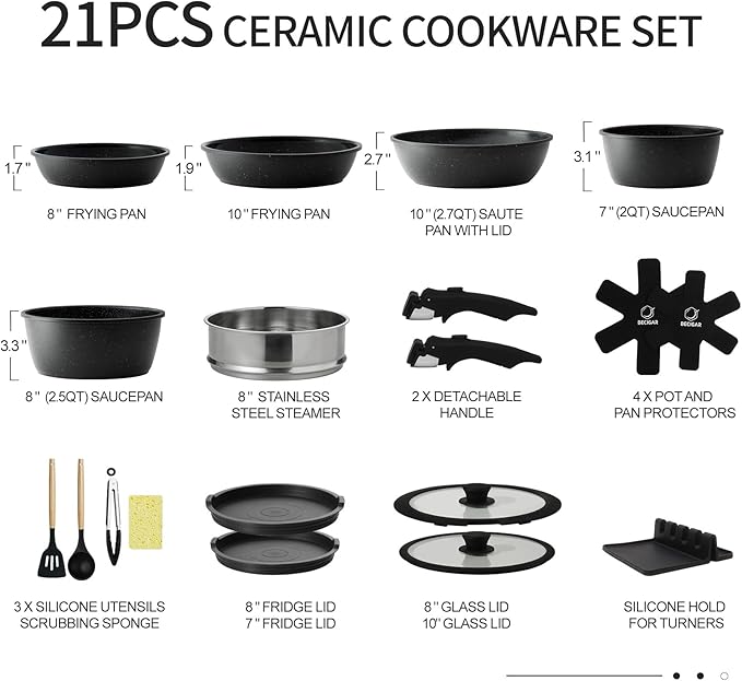 BECIGAR Nonstick Ceramic Cookware Set 21PCS with Detachable Handle, Pans and Pots Set, RV Kitchen Set Cookware Set, Pan Pots with Removable Handles, Oven Safe, Induction Ready(Black) - Image 2