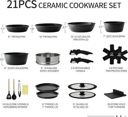 BECIGAR Nonstick Ceramic Cookware Set 21PCS with Detachable Handle, Pans and Pots Set, RV Kitchen Set Cookware Set, Pan Pots with Removable Handles, Oven Safe, Induction Ready(Black) - Image 2
