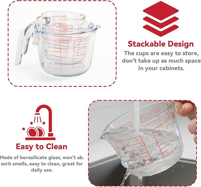6 Pcs Glass Measuring Cups Set with Lids (Strainer Included) - 1-Cup/2-Cup/4-Cup Nesting Jugs with Easy-Grip Handles, Kitchen Liquid Measuring - Image 5