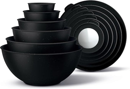COOK WITH COLOR Mixing Bowls with TPR Lids - 12 Piece Plastic Nesting Bowls Set includes 6 Prep Bowls and 6 Lids, Microwave Safe (Speckled Black) by CookwithColor