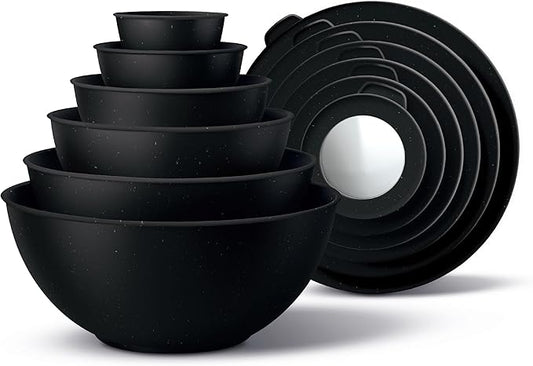 COOK WITH COLOR Mixing Bowls with TPR Lids - 12 Piece Plastic Nesting Bowls Set includes 6 Prep Bowls and 6 Lids, Microwave Safe (Speckled Black) by CookwithColor