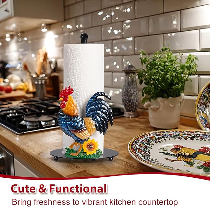 Rooster Paper Towel Holder Countertop - Sunflower & Chicken Farmhouse Kitchen Decor and Accessories, Rustic Housewarming Gift for Rooster & Farmhouse Enthusiasts, Weighted Base - Image 5