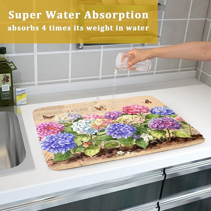 Vintage Flowers Dish Drying Mat Large 24 X18 Hydrangea Microfiber Drying Matt Kitchen Counter - Image 7
