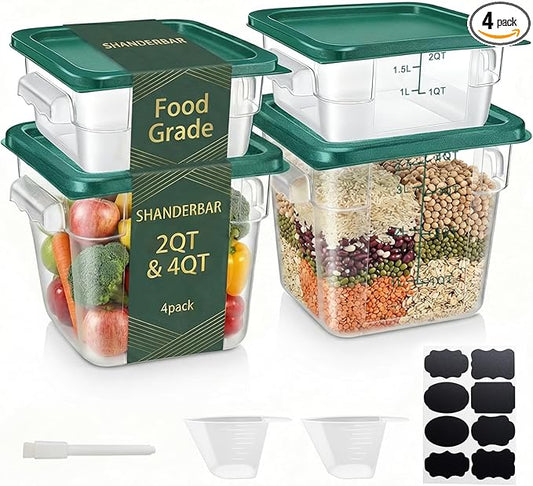 4 Pack 2QT & 4QT Food Storage Containers with Green Lids, Clear Square Restaurant Commercial Food Storage Containers with Handle and Scale, Marinating Container Dough Rising Bucket for Home & Dining